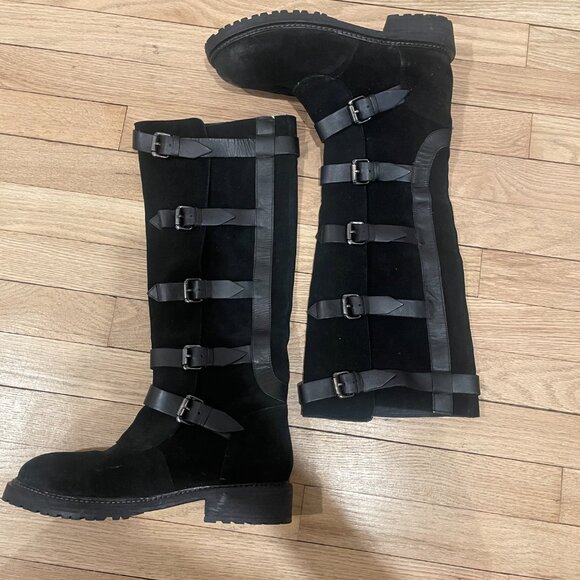 Free People Tristie Buckle Straps Knee High Boots Suede Lug Black Size 7 - Picture 5 of 5